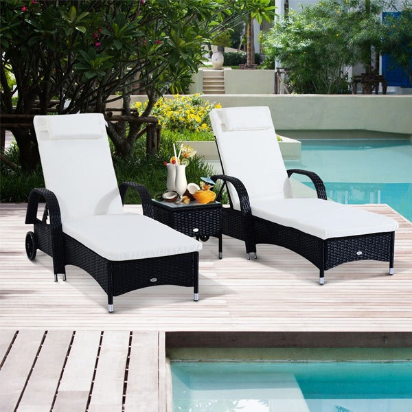 3-Piece Waterproof Rattan Reclining Sun Lounger &amp; Table Set