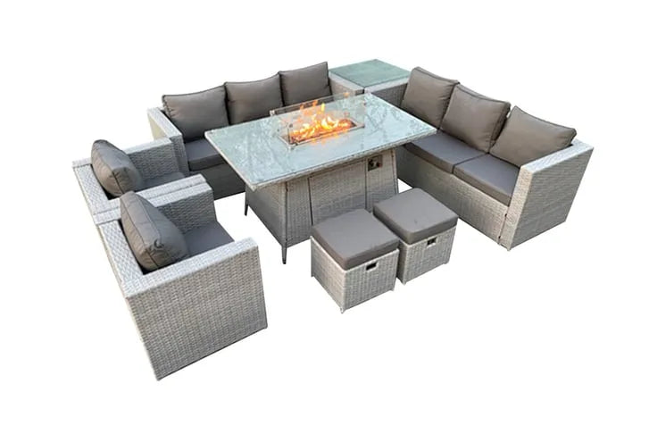 Five-Seater Rattan Furniture Set with Firepit Table