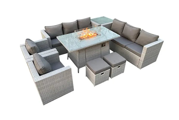 Five-Seater Rattan Furniture Set with Firepit Table