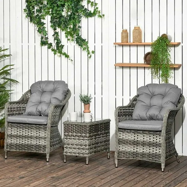 3 Piece Rattan Bistro Set with Soft Cushions and Glass Top Table in Grey