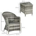 3 Piece Rattan Bistro Set with Soft Cushions and Glass Top Table in Grey