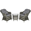 3 Piece Rattan Bistro Set with Soft Cushions and Glass Top Table in Grey