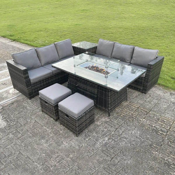 8 Seater Rattan Fire Pit Garden Table Set Grey