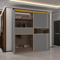 Roma MDF Sliding Door Wardrob ewith Universal Glass Doors, Dual LED Lights & Golden Trim, 203cm Wide
