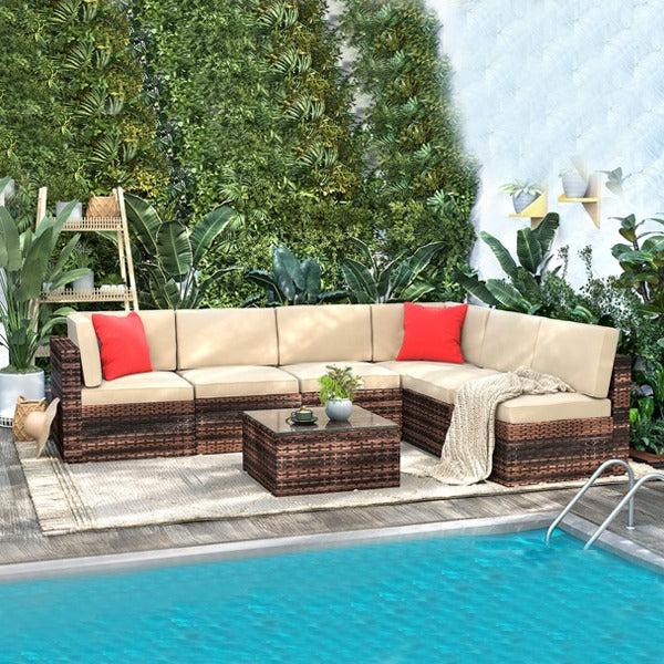 Rattan Garden Furniture 6 Piece, Brown &amp; Cream