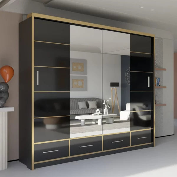 SYDNEY HIGH GLOSS BLACK/GOLD WARDROBE 203cm/253cm