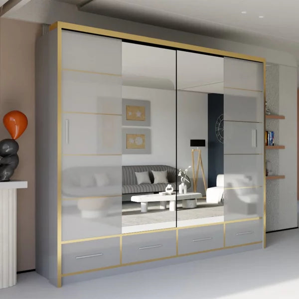 SYDNEY HIGH GLOSS GREY/GOLD WARDROBE 203cm/253cm