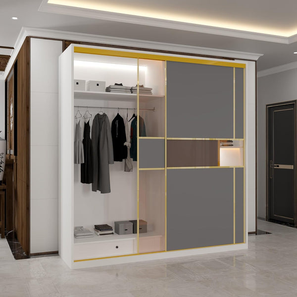 Roma MDF Sliding Door Wardrob ewith Universal Glass Doors, Dual LED Lights & Golden Trim, 203cm Wide