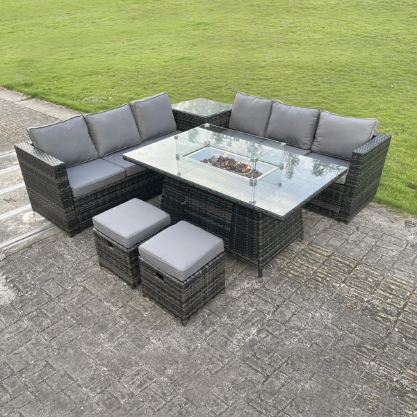 8 Seater Rattan Fire Pit Garden Table Set Grey
