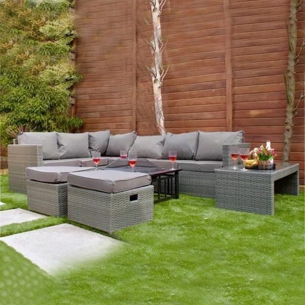 8 Seater Rattan Garden Table Set Grey