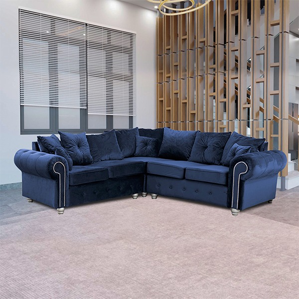 ASHWIN BLUE PLUSH VELVET CORNER SOFA