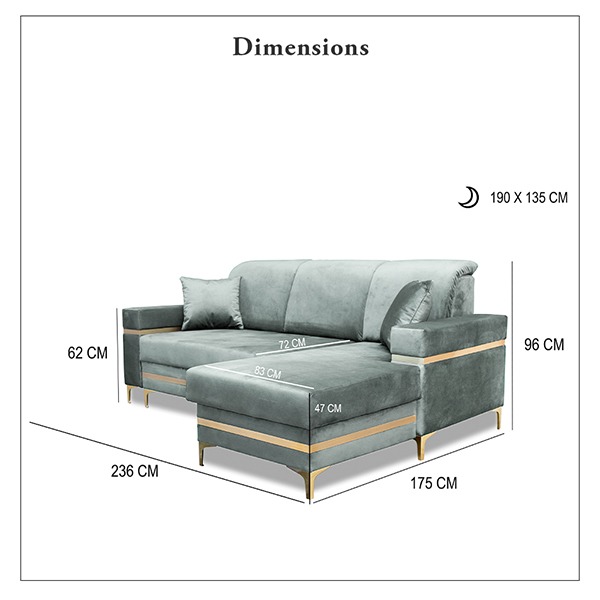 FLORENCE GREY GOLD CORNER SOFA BED - Image 3