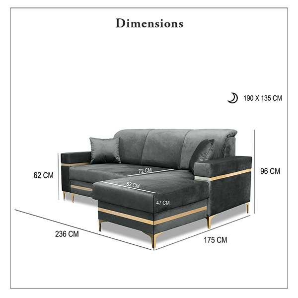 FLORENCE BLACK GOLD CORNER SOFA BED - Image 3
