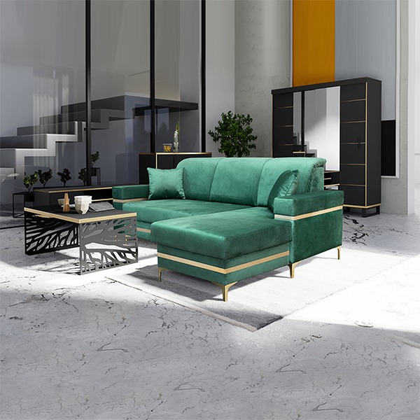 FLORENCE GREEN GOLD CORNER SOFA BED
