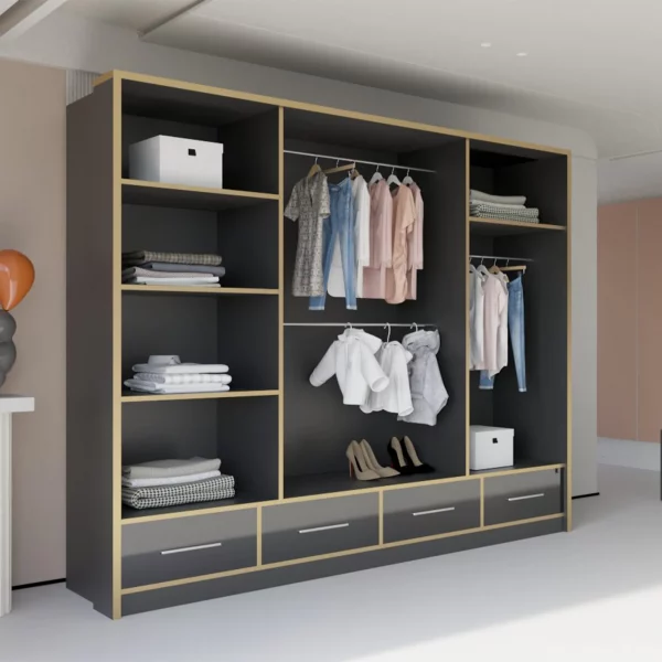 SYDNEY HIGH GLOSS BLACK/GOLD WARDROBE 203cm/253cm - Image 2